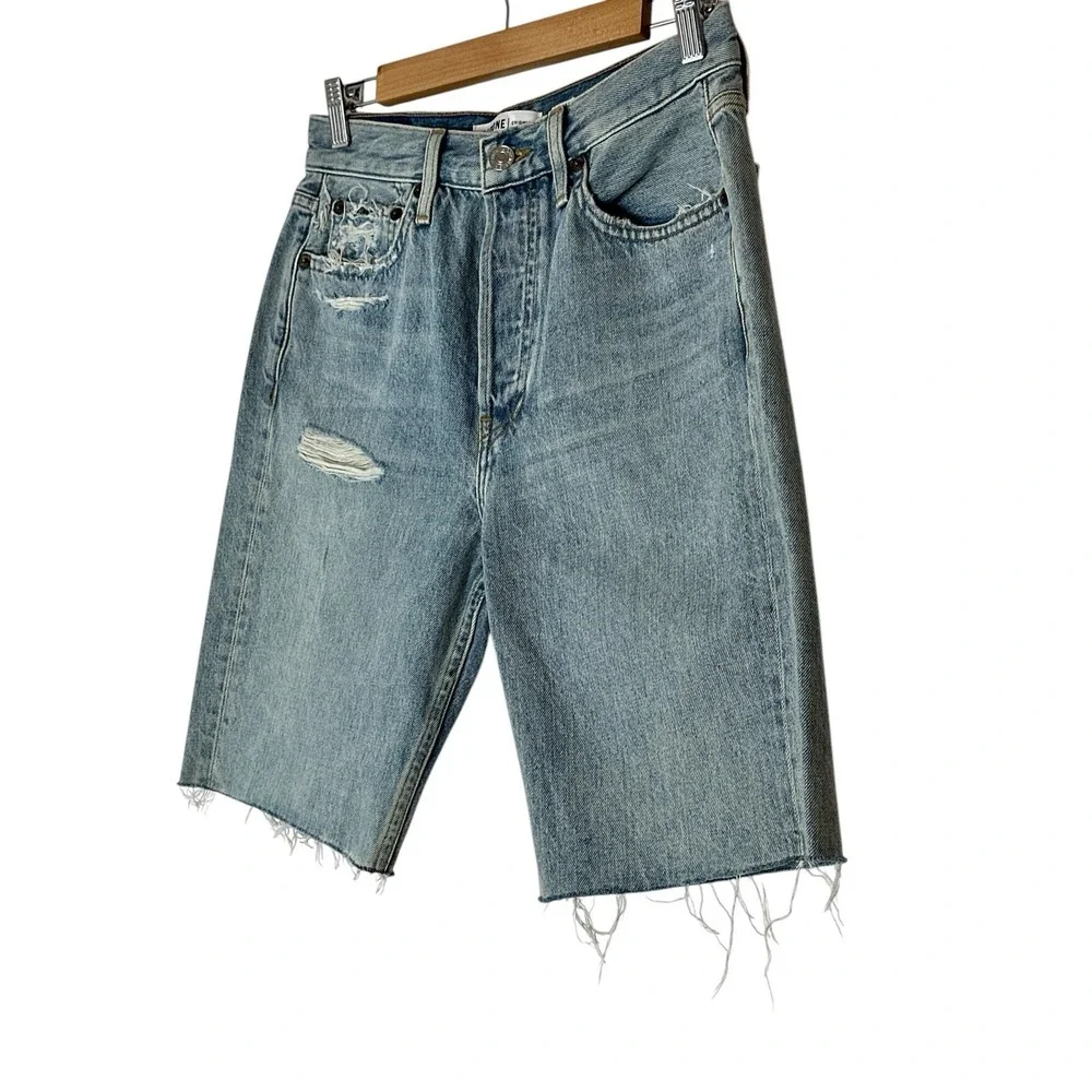 Re/Done 80's Long Short High Rise Jean 27  Denim Blue Raw Hem Button Fly‎ New